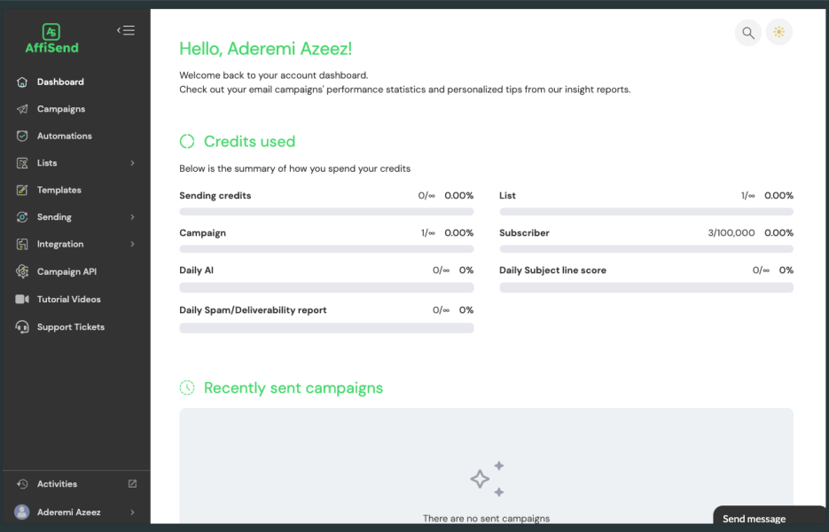 Affisend User Dashboard Page